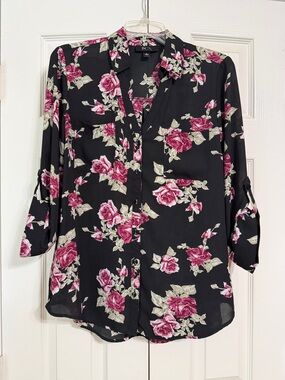 BCX Black Floral Button-Up Blouse Size Large Three Quarter Sleeves